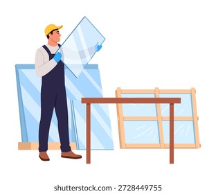 Vector illustration of installing glass in a window frame. Cartoon scene of a man in a protective yellow helmet, blue overalls, gloves, holding glass for window frames.Replacing double-glazed windows.
