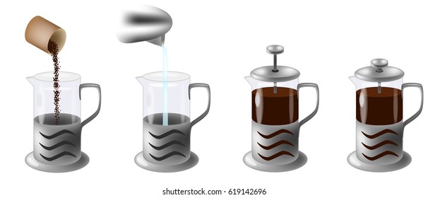 vector illustration instruction how to make coffee in french press, Manual in four steps