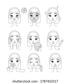Vector illustration of instruction how to use cosmetic mask. Young woman doing beauty procedures set, line style isolates on white background