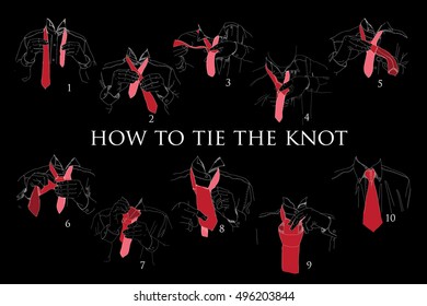 Vector illustration of Instructions, Scheme, Brochure for How to tie knot on black background. Hand drawn graphic design.