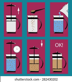Vector illustration. Instructions for use teapot - french press.