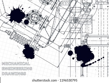 Vector illustration. Instrument-making. Computer aided design system. Black Ink. Blots