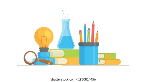 Vector Illustration Of Instruments For Chemistry, Physics And Other Sciences. Practical Work In School Lessons In Chemistry And Physics.