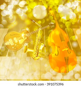 Vector illustration instruments jazz double bass, guitar, saxophone, trumpet on a brilliant background.