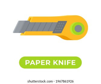 Vector illustration of an insulated office knife on a white background with "paper knife" written on it. Essential tool for construction and repair. 