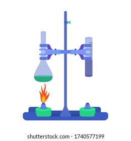 Vector illustration of an insulated tripod with a flask and measuring cup mounted in it. The subject of chemistry during the experiment, work with fire.