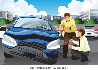 A vector illustration of insurance agent assessing a car accident