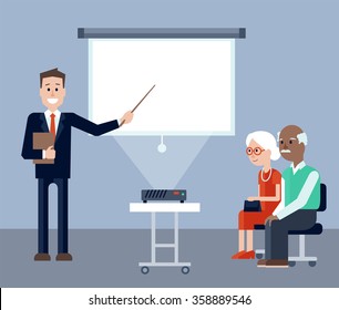 Vector illustration of Insurance agent explaining and pointing on screen on the seminar for seniors. Elder man and woman listening explanations. Place for text on the screen