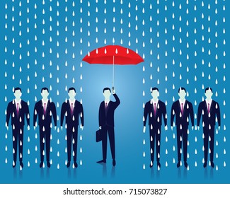 Vector illustration. Insurance protection concept. Businessman and umbrella, risk threat preparation protecting wealth future life  