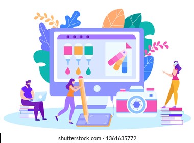 Vector Illustration Interactive Lessons Remotely. Men and Women Learn to Draw Remotely. Girl uses Graphics Tablet, Man Draws on Laptop. Graphic Design and Photo Processing Lessons.