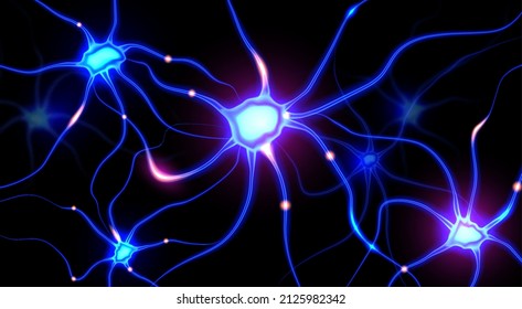 Ilustración vectorial de neuronas interconectadas con pulsos eléctricos. Resumen de células neuronales con nudos de enlace.