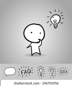 Vector illustration of interested man. Vector eps10 Collection of floating signs included (speech bubble, exclamation mark, question mark, faq and idea signs). Vector eps10