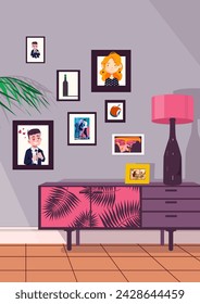 Ilustración vectorial de un interesante interior vintage con fotografías e imágenes. Formato vertical. Cajonera, lámpara, marcos.