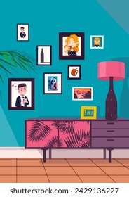 Vector illustration of an interesting vintage interior with photographs and pictures. Vertical format.