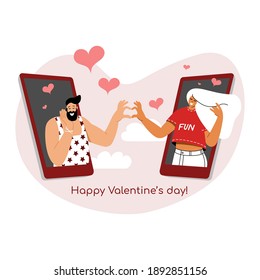 A Vector illustration of an interethnic couple connecting via smartphone mobile app. A concept of St. Valentine’s day online date. An internet dating application. Long distance romantic relationship.