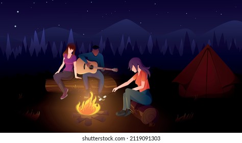 vector illustration of interethnic friends relaxing in nature with a guitar and a tent