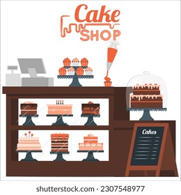 ilustración vectorial interior de la tienda de pastelería, venta, negocio de la producción de panadería de productos de panadería, pastelería, caramelos de estilo plano para infografía. Escena interior de la moderna panadería