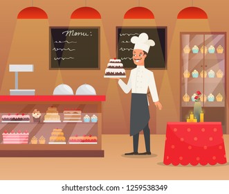 Vector Illustration an interior of bakery with man baker Chef character holding the cake. Male in uniform, chef in white hat in cafe, restaurant. Bakery shop background with a lot sweets in flat