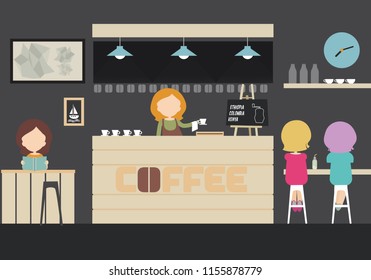 Vector illustration of an interior of a café, bar or restaurant with tables, chairs and lamp with clocks, cafeteria guests, women - flat design