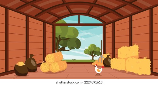 Vector illustration of interior barn. Cartoon interior with hay in bags, haystack, bales, chicken against the backdrop of trees.