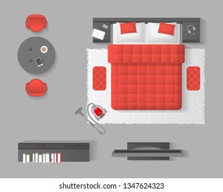 Vector illustration. The interior of the bedroom. (top view)
Room, furniture, interior elements. (view from above) 