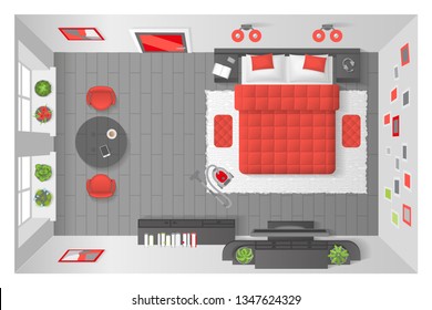 Vector illustration. The interior of the bedroom. (top view)
Room, furniture, interior elements. (view from above) 