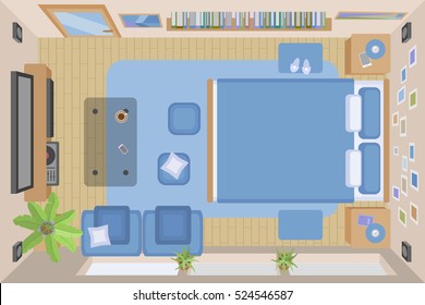 Vector illustration. The interior of the bedroom. (top view)
Room, furniture, interior elements. (view from above) 