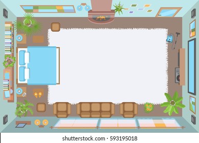Vector illustration. The interior of the bedroom. (top view) Room, furniture, interior elements. (view from above) 