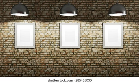Vector illustration: interior with blank pictures on the old brick wall