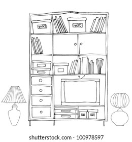 vector illustration of interior, bookshelf