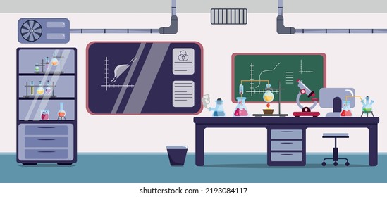 Vector illustration interior of a chemical laboratory. Cartoon interior with table, blackboard, test tubes, chemicals, cabinet, ventilation, computer.