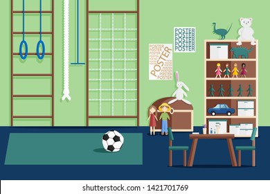 Vector Illustration of Interior of Children's Game Room with Furniture and Toys in Flat Style. Kids Playroom in Kindergarten with Sport Equipment and Modern Interior