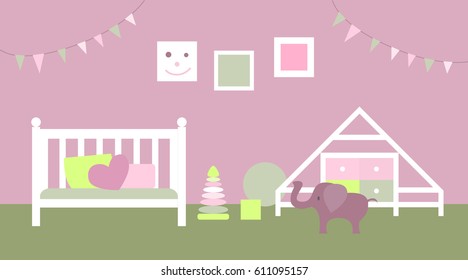 Vector illustration. Interior of the children's room.The bedroom of the baby. A set of elements for graphic design. Flat style.