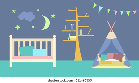 Vector illustration. Interior of the children's room.The bedroom of the baby. A set of elements for graphic design. Flat style.