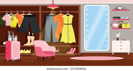 Vector illustration of the interior of a clothing store. Cartoon scene of a wardrobe with women's, men's, sportswear, shoes, accessories, suitcase, chair, lamp, mirror, bedside table, shelves, carpet.