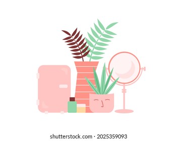 Vector illustration of interior with cosmetics refrigerator, skin care products, mirror and home plants.