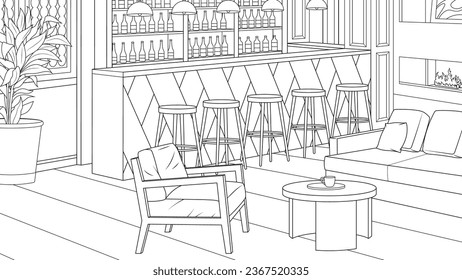 Vector illustration, interior of a cozy bar in a summer cafe, coloring book.