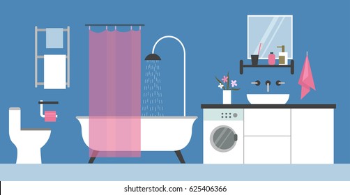 Vector illustration. Interior Design. Interior of the bathroom. Set of elements.