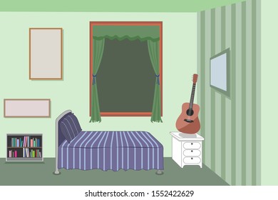 Vector illustration of interior design. A boys room with guitar, book shelf an window. 