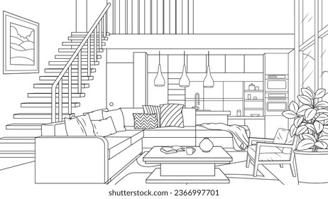 Vector illustration, interior design of a comfortable kitchen living room with second light, coloring book.