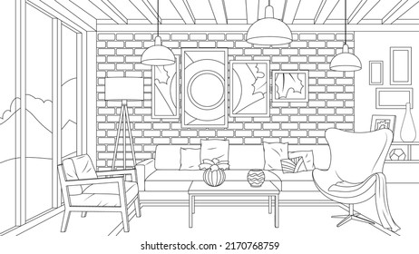 Ilustración vectorial, diseño interior de una sala de estar en una casa privada, coloración de libros