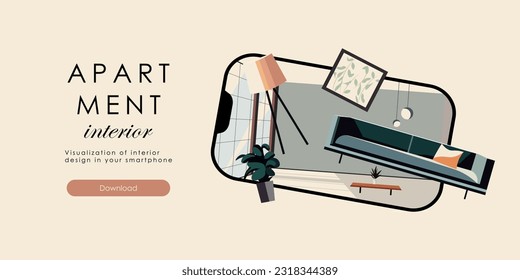 Vector illustration. Interior design mobile app, isolated vector. Website repair, virtual reality repair, apartment interior, virtual house, online service. Landing page.