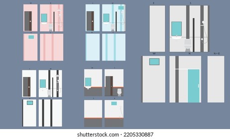 Vector or Illustration of Interior design of tiles in the bathroom. Various views of the four-sided layout.
