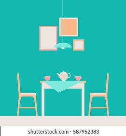 Vector illustration.The interior of the dining room. Dining table and two chairs with tableware and decorative items and chandelier lighting.The elements for graphic design.Flat style.