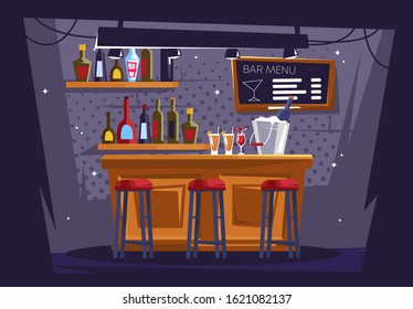 Vector illustration of the interior of a drinking bar with a bar counter and chairs, bottles of alcohol