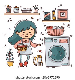 Vector illustration of interior equipment of laundry room with washing machine, household products with cute happy woman. Housewife inside laundry. Doodle style.