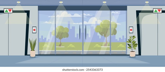 Vector illustration of the interior of the exit from the office building. Cartoon scene interior inside the office, glass doors, elevators, rays of light, flower pots, city view with modern houses.