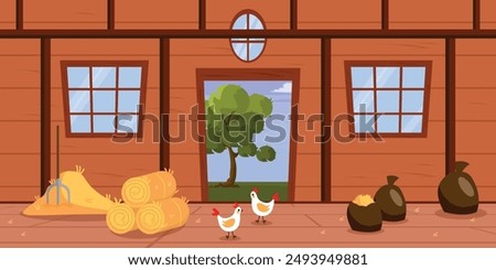 Vector illustration of the interior of a farmhouse. Cartoon scene of a beautiful wooden room with a haystack, sacks of hay, a rake, chickens, a window, an open door, a tree, grass, a sky with clouds.