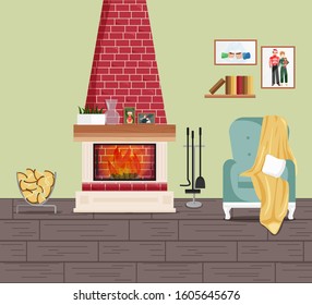 Vector Illustration of Interior with Fireplace and Armchair. American Traditional Classic Design of Living Room with Wall Pictures, Bookshelf, House Plant and Furniture. Interior in Cartoon Flat Style