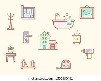 Vector illustration of a interior and home decoration elements. Contains such as drill, frame, flowerpot, hanger and more. Flat illustration style line drawing and background color beige.